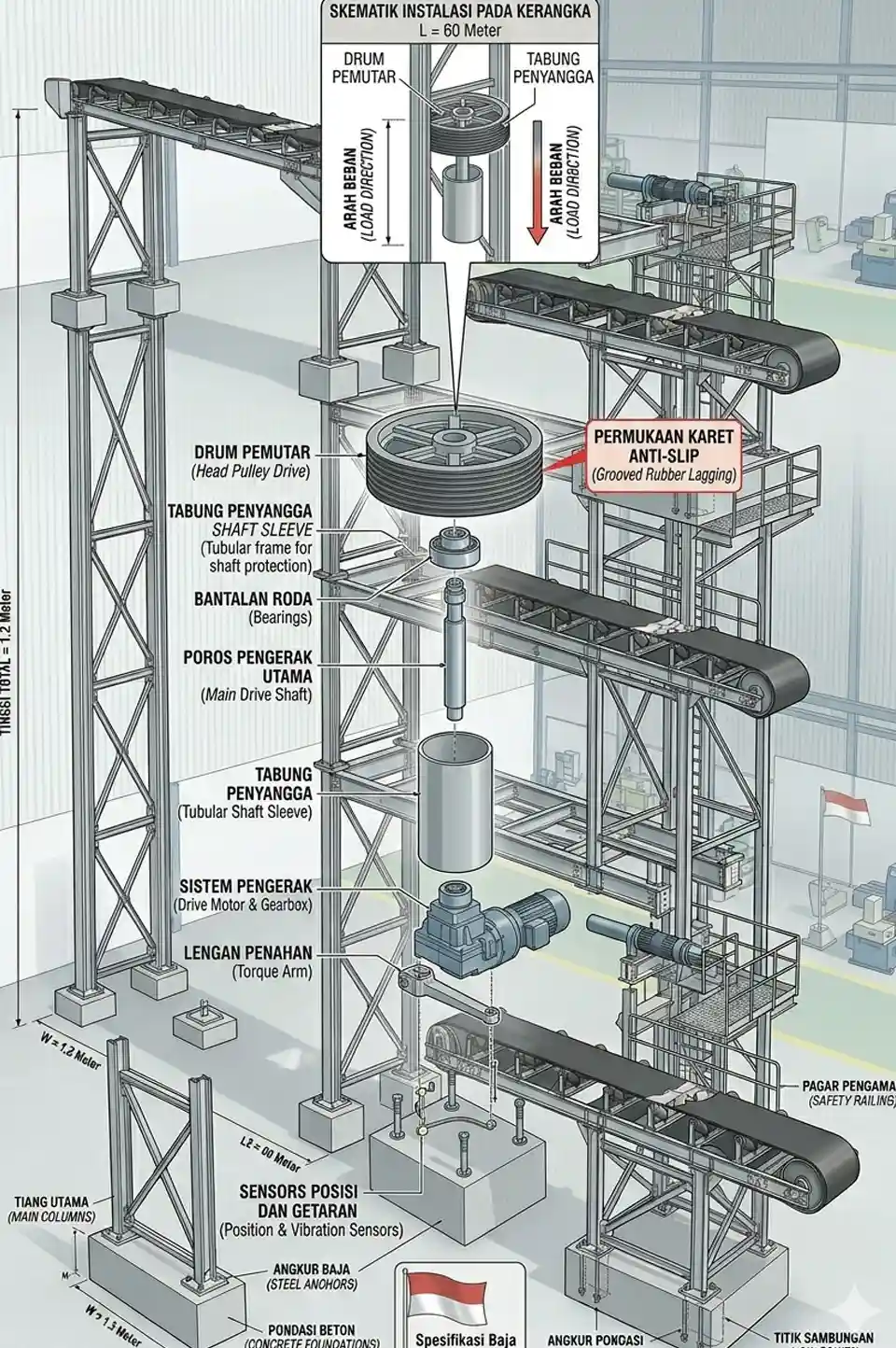 Drum Pemutar dan Tabung Penyangga conveyor